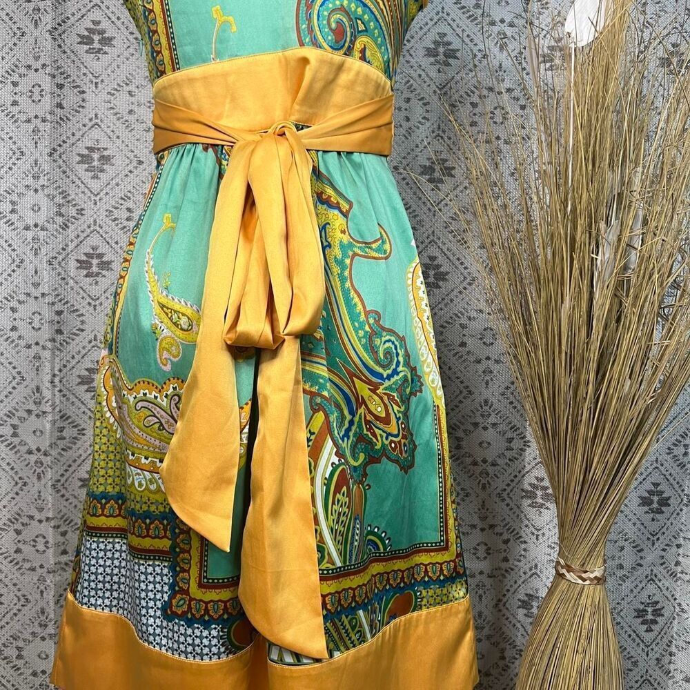 Forever 21 Boho Paisley Print Satin Dress Yellow and Green Small - Picture 4 of 5